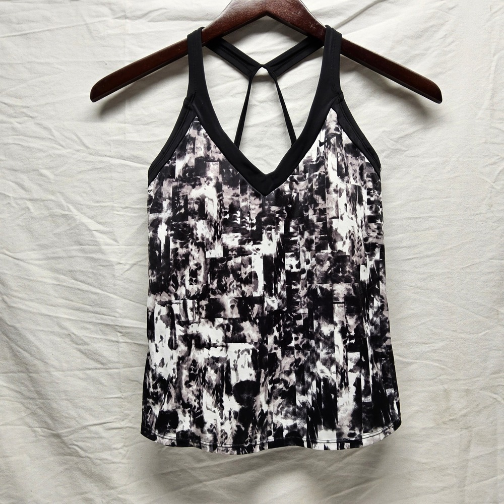 Nike Tankini Top Womens Medium Black White Abstract Print V-Neck NESS9250